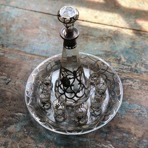 Vintage Glass Sterling Silver Overlay Cordial Bottle and Glass Set with Plate
